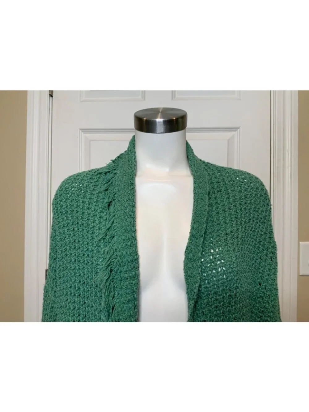 Free People Seafoam Green Open Front Chunky Knit Fringe Cardigan, Size S